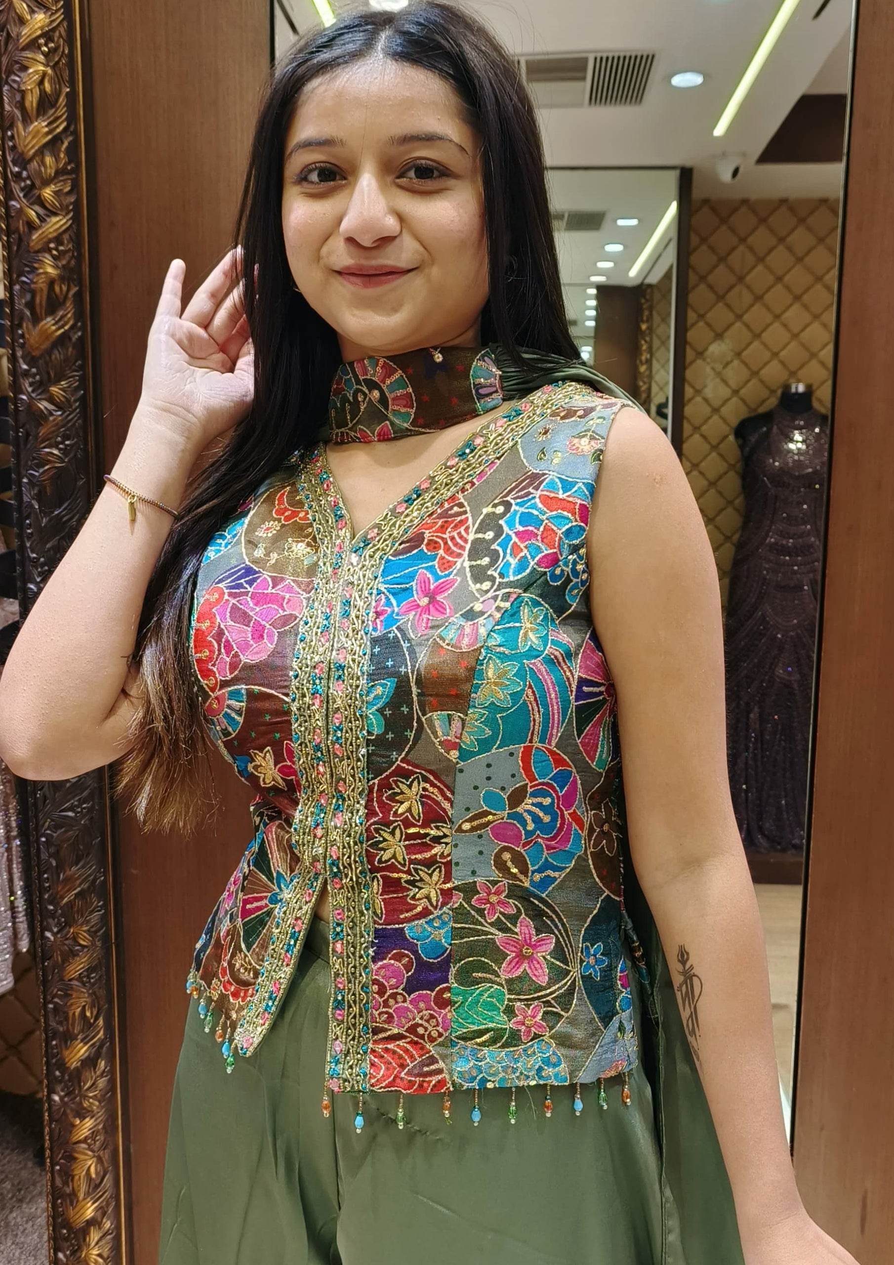 Multi Color Silk Plazzo With Chinnon Top Set
